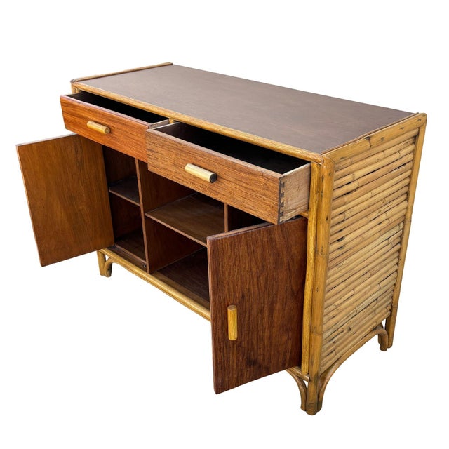 1940s Restored Early Mid-Century Stacked Rattan Credenza Tv Stand W/ Mahogany Top For Sale - Image 5 of 11