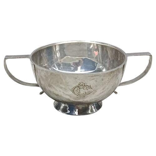 Antique Deco style silverplated monogram trophy style cup with handles. Three different style monogram letter "C"...