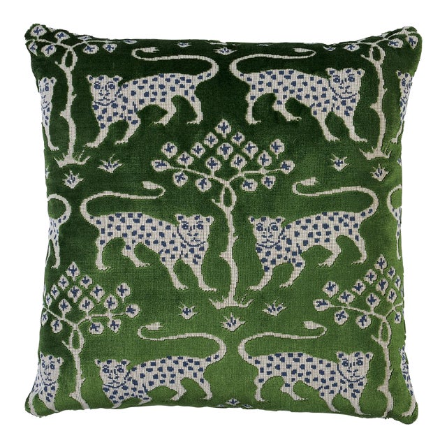 Schumacher Woodland Leopard Velvet 18" Pillow in Emerald For Sale
