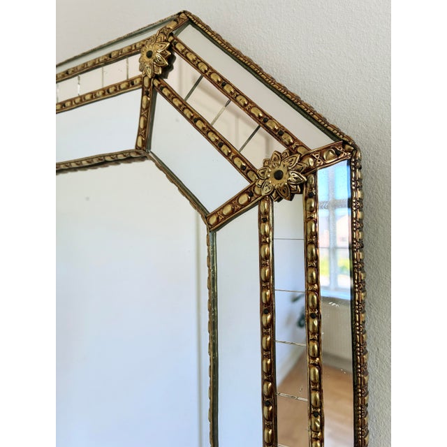 Large Vintage Spanish Venetian Style Rectangular Brass Wall Mirror – Gold Hollywood Regency, 1980s For Sale - Image 10 of 12