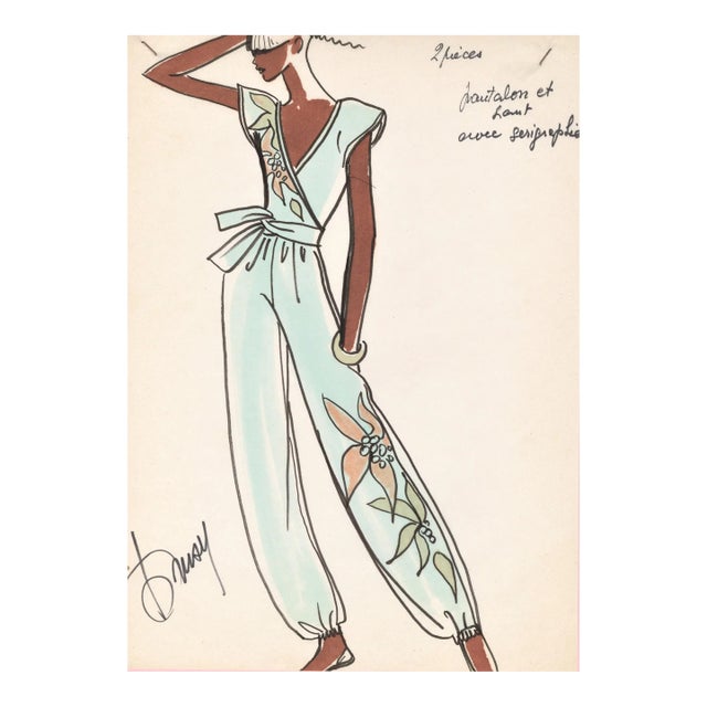 1980's Rare Original French Fashion Drawing Summer Beach Cruise Wear For Sale