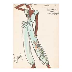 1980's Rare Original French Fashion Drawing Summer Beach Cruise Wear