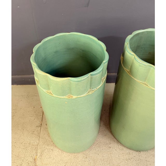 Galloway 1920s Pair of Galloway Terra Cotta Co. Art Deco Aqua Glazed Floor Vases, Philadelphia For Sale - Image 4 of 13