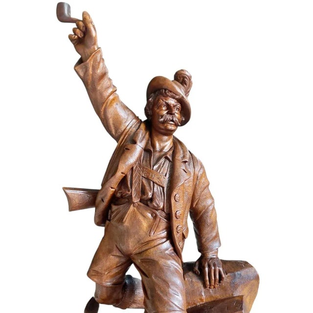 Large Antique Hand-Carved Wooden Sculpture Tyrolean Hunter with Game, 1900 For Sale - Image 11 of 18