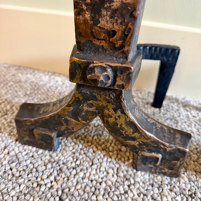 Black Antique Cast Iron Burnished Andirons by Ohio F & M Co. 1920s For Sale - Image 8 of 14
