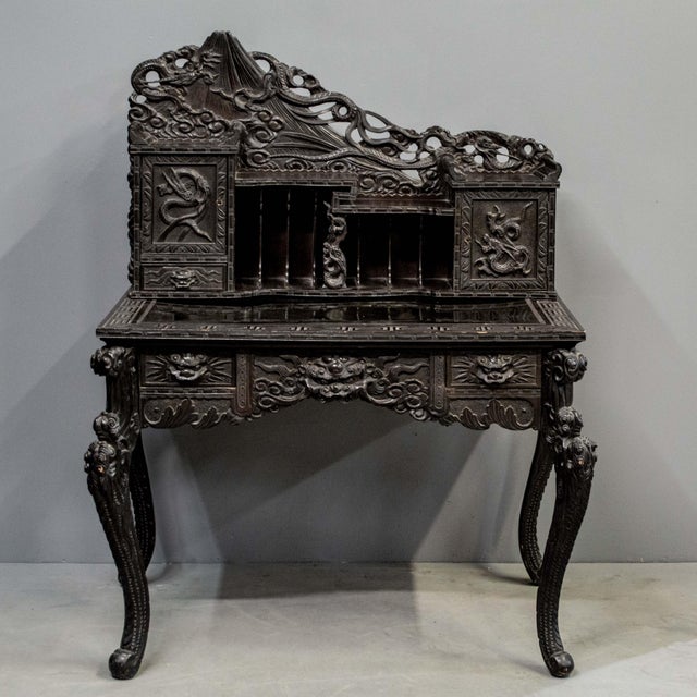Antique two piece Japanese black lacquer desk and chair set featuring Mount Fuji. This is an exceptional Meiji period...