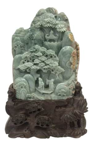 20th Century Chinese Carved Dark Green Jade Mountain Scenery Sculpture