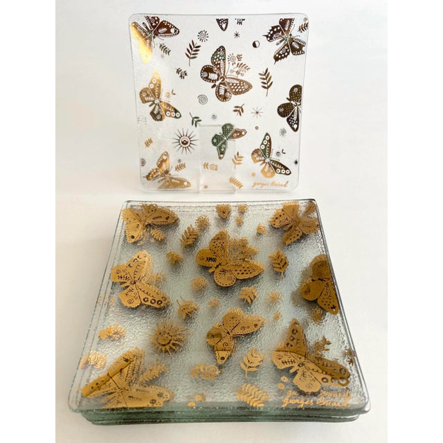 Vintage 1960's Mid Century Modern Georges Briard Gold Leaf Butterflies Glass Canape Hors d'Oeuvre Square Plates - Set of 9 For Sale - Image 12 of 12