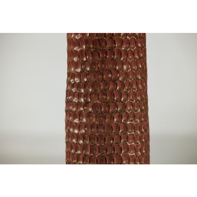 Tall Brown Ceramic Vase with Honeycomb Texture and Green Speckled Glaze For Sale - Image 11 of 18