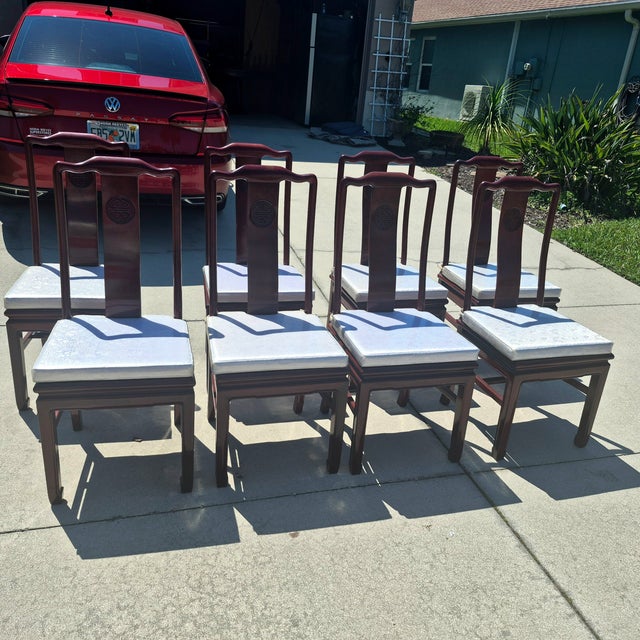 Ming Dynasty Longevity CHAIRS ~ set 8 [Matches Table 14A] > center splat has longevity logo embossed > all seats covered...