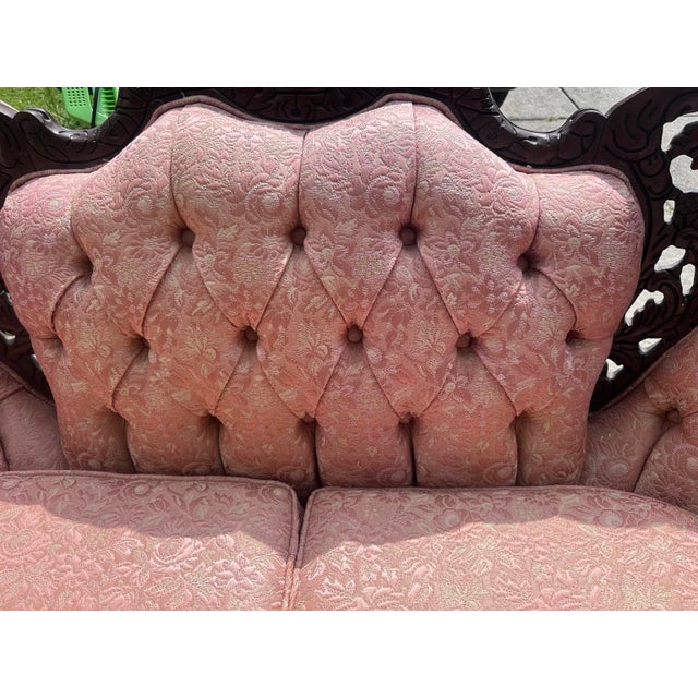 Blush Vintage Victorian Carved Walnut Tufted Loveseat in Blush Jacquard For Sale - Image 8 of 8