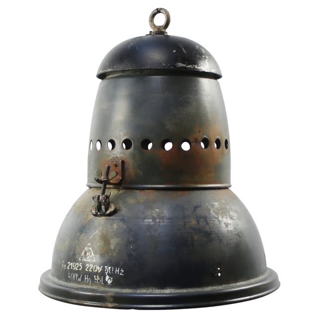 Large Vintage Industrial Blue Enamel Pendant Light For Sale