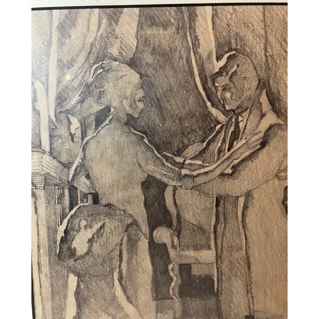Figurative Share Vintage 1970 Original S Stirling Stylized Pencil Man Woman Couple Drawing Sketch For Sale - Image 3 of 12