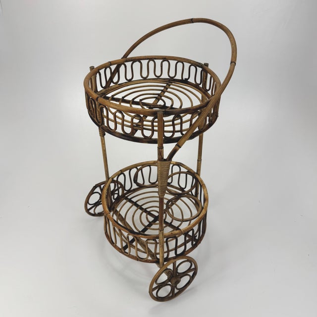 Vintage Bamboo Rattan Serving Bar Cart, Italy, 1950s For Sale - Image 9 of 9