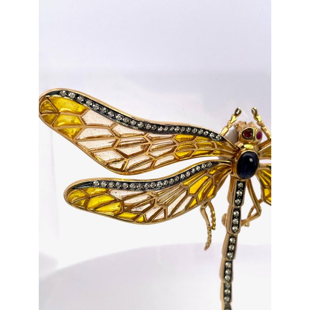 Antique Plique-À-Jour Dragonfly Brooch With Gold and Gemstones For Sale - Image 12 of 15