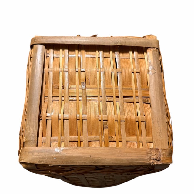 Wood Vintage Tall Tapered Scorched, Tortoise Bamboo Double Handle Basket For Sale - Image 7 of 7