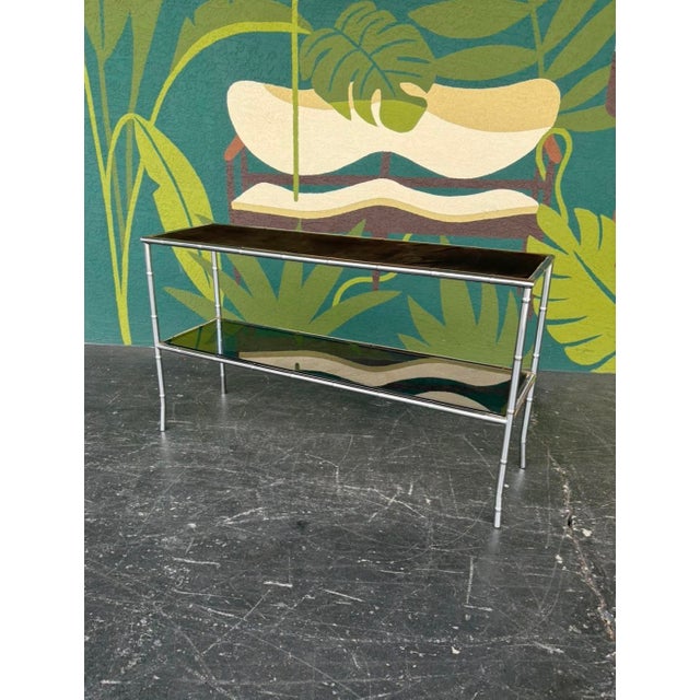 Mid-Century Modern Postmod Chrome Faux Bamboo & Smoked Glass Console Table For Sale - Image 3 of 11