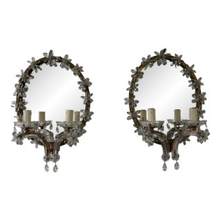 French Maison Bagues Style Crystal Flower Mirror Sconces Murano Glass Prisms Old For Sale