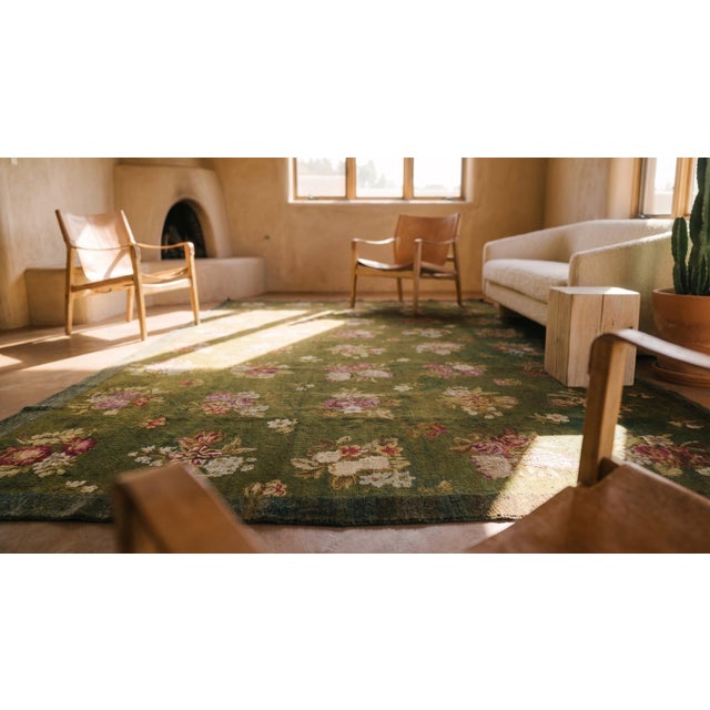 Superb Army-Green Color With Folk Art-Empire Period Style Antique French Savonnerie Rug For Sale - Image 9 of 10