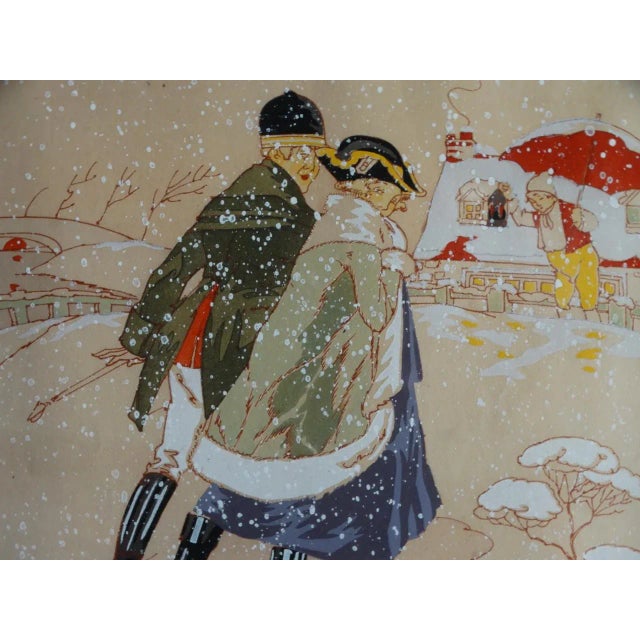 1920s 1920s Print, Huntsman and His Huntswoman Seeking Shelter in a Snowstorm: Romantic Pochoir For Sale - Image 5 of 6