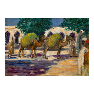 American Impressionist Painting of Camel at Souq Al Jum’aa by Albert Graves