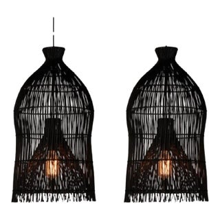 Large Black Rattan 1 Light Restoration Hardware Fishing Basket Chandeliers- a Pair For Sale