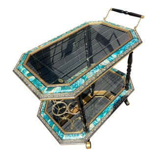 Late 20th Century Vintage Italian Bar Tea Cart Brass, Glass, Mirrored Trolley 2-Tier For Sale