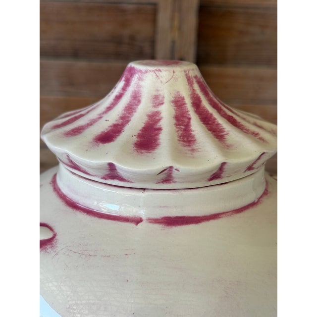 Vintage Chinoiserie Handmade Ceramic Pagoda Lidded Jar With Raised Floral Motif For Sale - Image 9 of 11