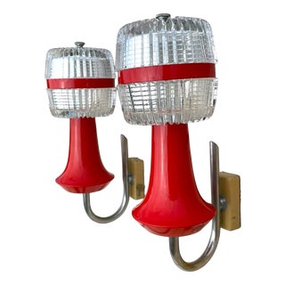 Mid-Century Modern Space Age Red Metal and Clear Ribbed Glass Wall Lights, 1970s, Set of 2 For Sale