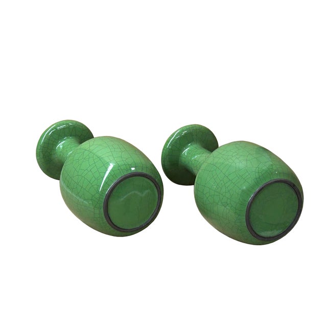 Pair Orient Crackle Pattern Verdant Green Color Pottery Ceramic Vases For Sale In San Francisco - Image 6 of 7