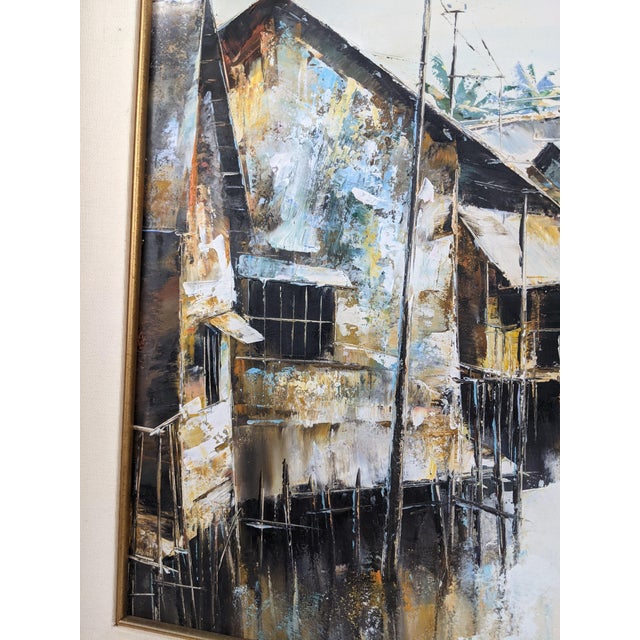Mid 20th Century Mid 20th Century Attributed to Trần Quang Hiếu, Signed Vietnamese Stilt Village Oil Painting For Sale - Image 5 of 18