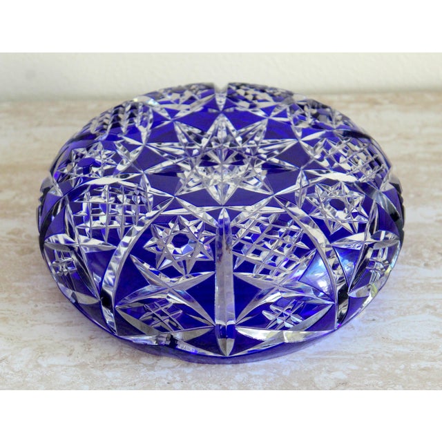 Vintage Cobalt Blue Cut-to-Clear Crystal Ashtray – Geometric Starburst Design – 8" For Sale - Image 10 of 16