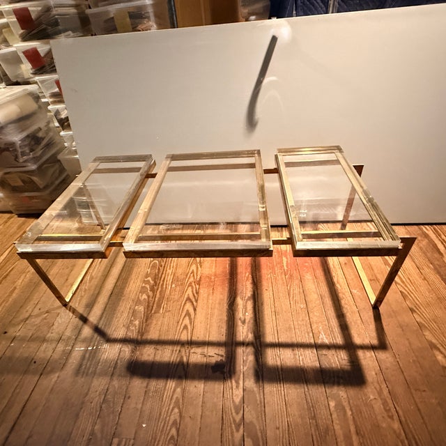 Vintage Brass and Lucite Coffee Table Photos are not doing justice to this cool, Romeo Rega style table. Geometric and...