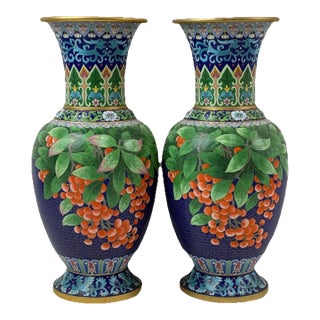 Pair of Chinese Cloisonne Enamel Vases Blue Ground With Red Berries For Sale