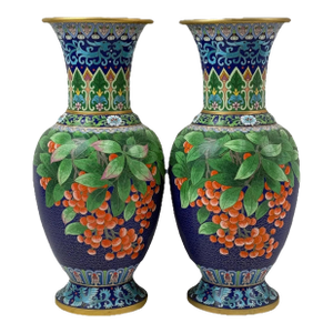 Pair of Chinese Cloisonne Enamel Vases Blue Ground With Red Berries