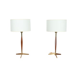 Vintage Walnut And Brass Lamps - Pair For Sale