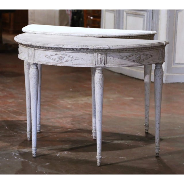 Pair of 19th Century French Directoire Carved Painted Demilune Console Tables For Sale In Dallas - Image 6 of 11