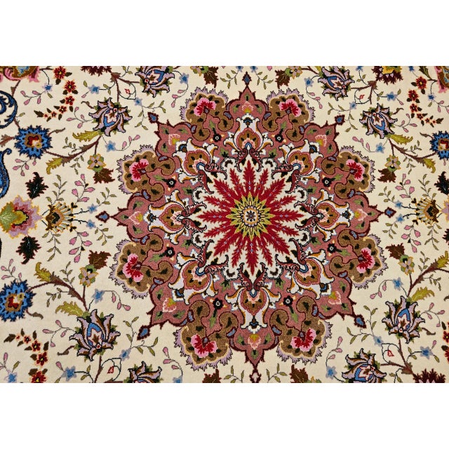 Vintage Persian Tabriz Square Area Rug, Hand-Knotted Wool & Silk, Fine Medallion Floral Pattern, Ivory & Pale Pink, 7x7 For Sale - Image 14 of 16