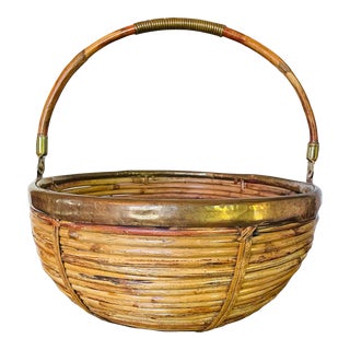 1960s Vintage Gabriella Crespi Style Rattan and Brass Basket With Handle For Sale