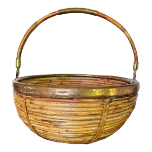 1960s Vintage Gabriella Crespi Style Rattan and Brass Basket With Handle