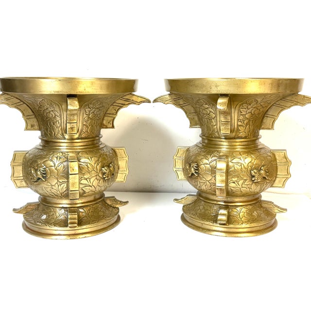 Pair of Monumental Meiji Period Gilt Metal Censors/ Vases For Sale - Image 12 of 18