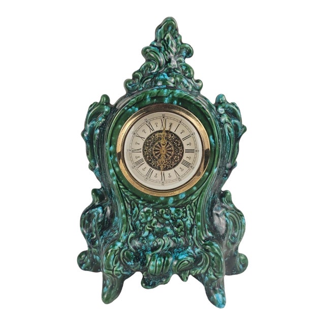 Vintage West German Green & Turquoise Ceramic Mantel Clock, Baroque Rococo Style For Sale