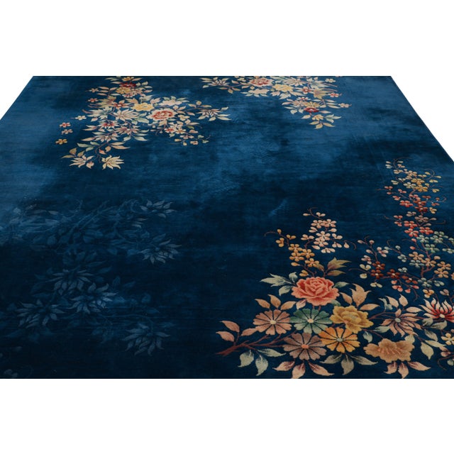 Art Deco Oversized Antique Chinese Art Deco Rug, Blue With Floral Patterns - Rug & Kilim For Sale - Image 3 of 9