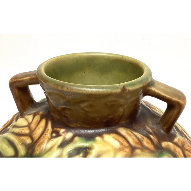 Arts & Crafts Roseville Arts and Crafts Pottery Blackberry Double Buttressed Triangular Handled Squat Vase For Sale - Image 3 of 6