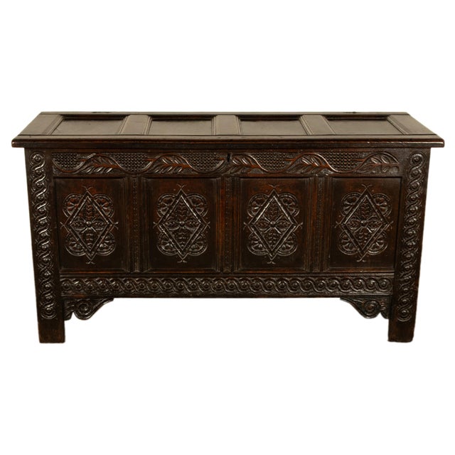Antique 17th Century Jacobean Charles II Dark Oak Carved Coffer Chest 1680 For Sale - Image 11 of 16