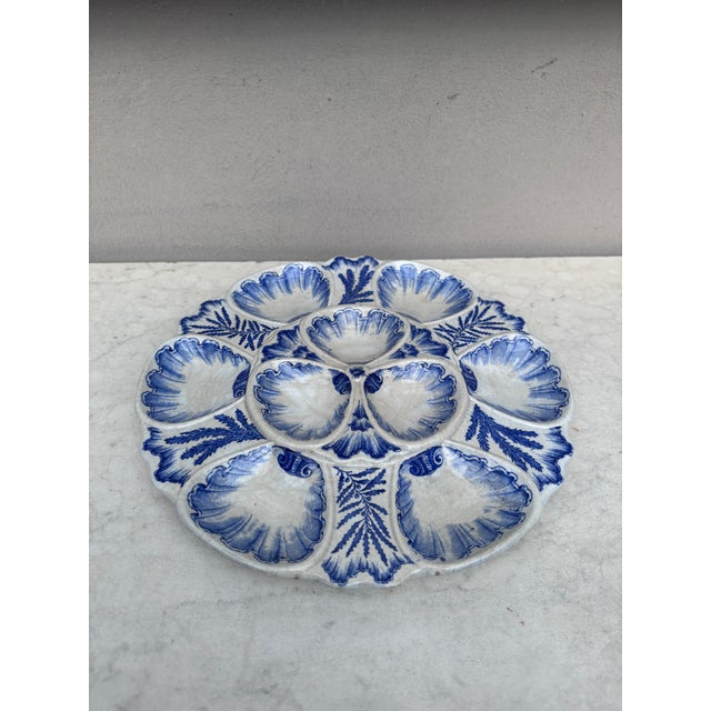 19th Century faience blue & white oyster plate signed J. Vieillard & Cie Bordeaux decorated with seaweeds. Large size....