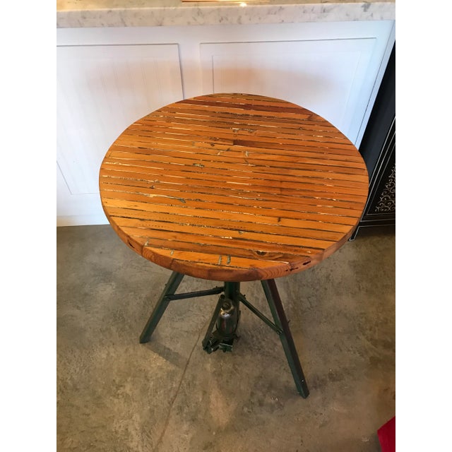 Early 20th Century Vintage Industrial Wood and Steel Hydraulic Round Table For Sale - Image 5 of 9