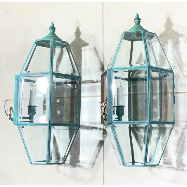 Exquisite Pair of Vintage Solid Brass Hexagonal Wall Lanterns For Sale - Image 11 of 17