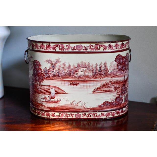 1980s 1980s Red Cream Toleware Painted Planter, Ice Bucket, Hand-Painted Pastoral River Scene, Oval Cachepot With Handles, 13.5"w For Sale - Image 5 of 9