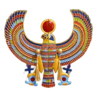 Hand Crafted Two Door Chest in Olive With Egyptian Horus Falcon Detail For Sale